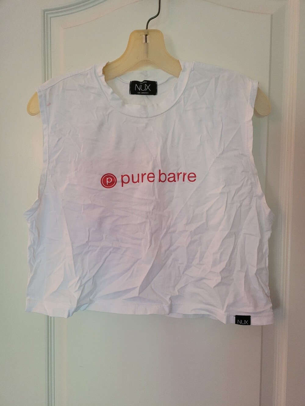 NUX White Crew Neck Tee with Red Pure Barre Logo Organic Cotton